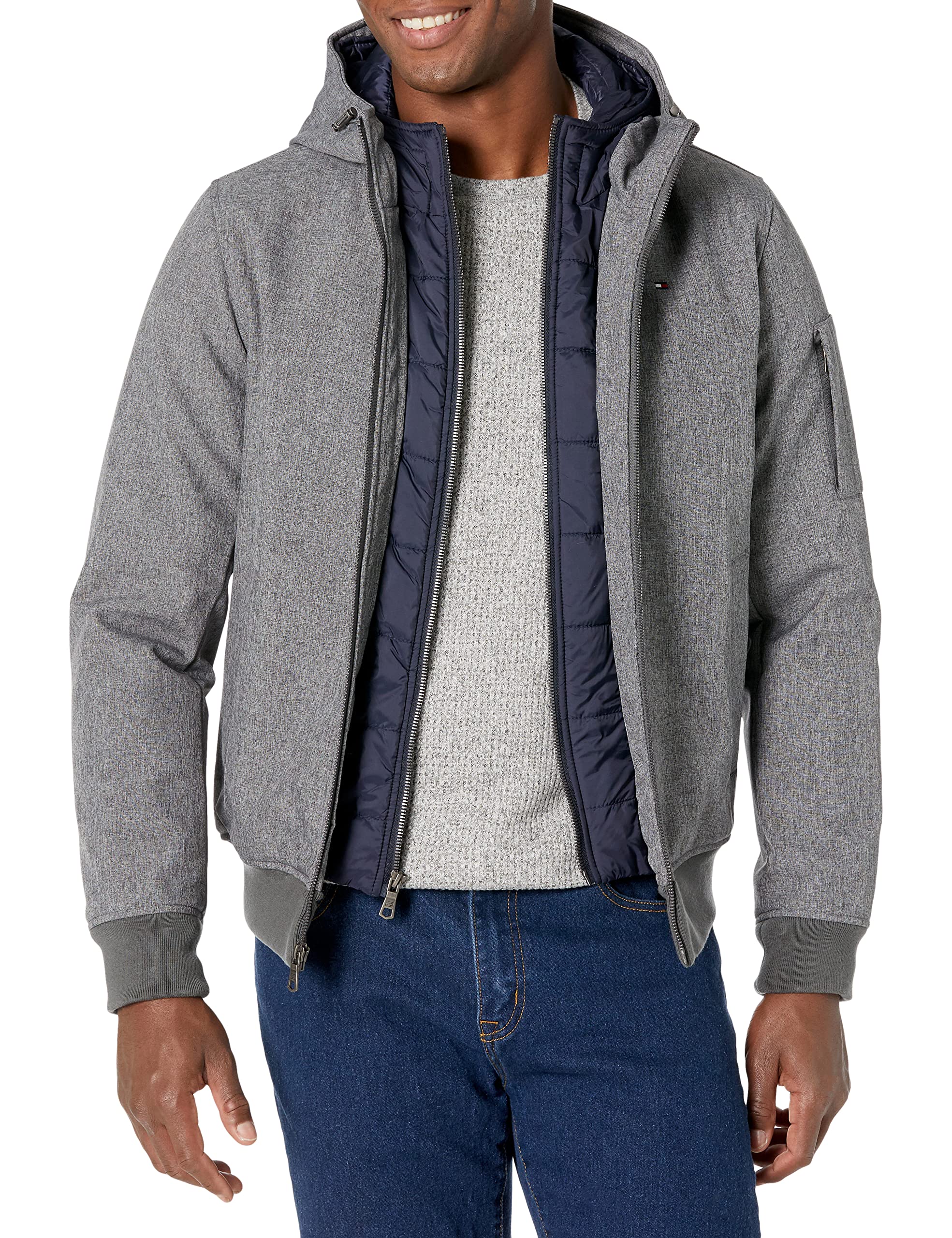 Tommy Hilfiger Men’s Filled Soft Shell Hooded Open Bottom Jacket with Full Sherpa Lining, New Heather Gre, Small