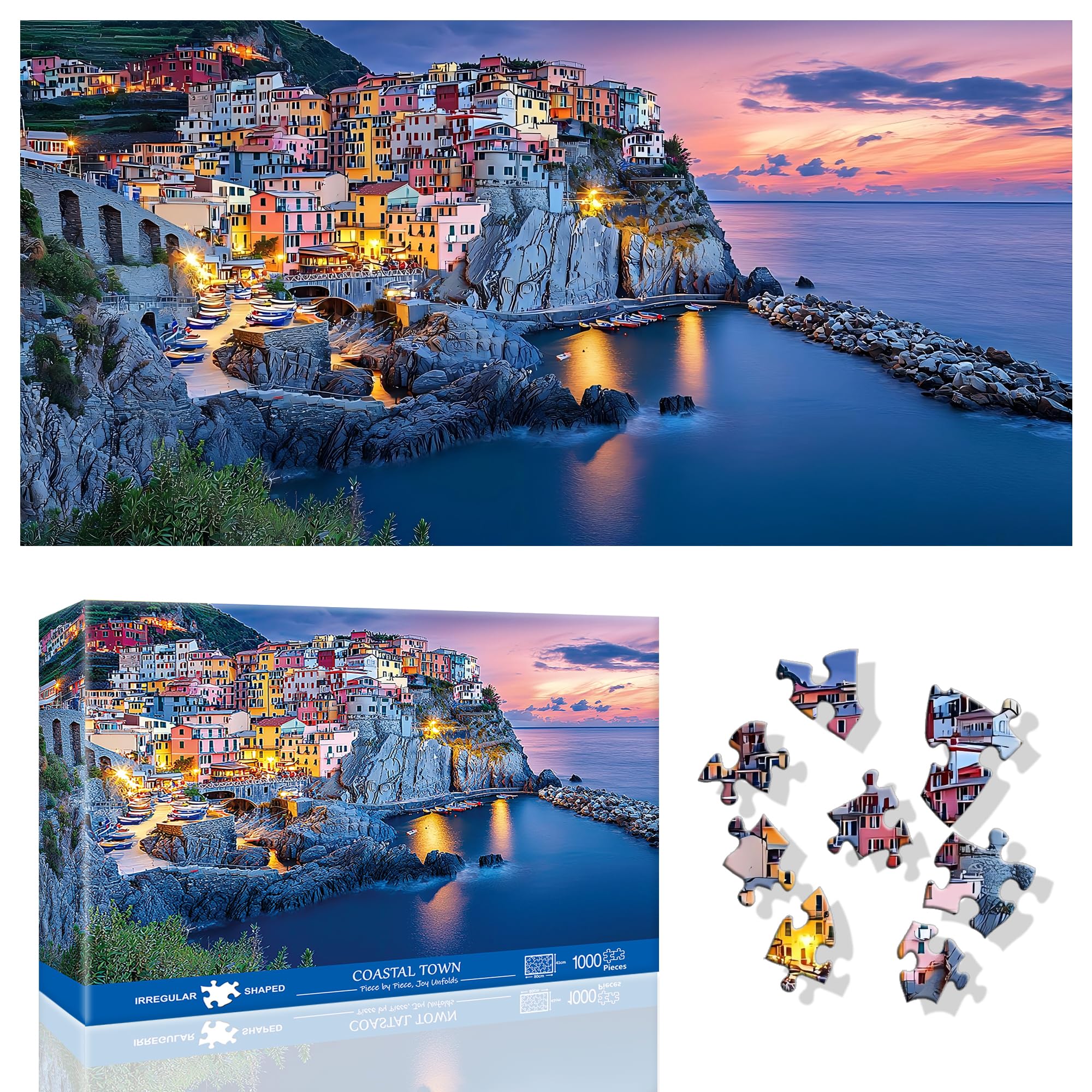 Ginfonr 1000 Piece Jigsaw Puzzles for Adults - COASTAL TOWN, Irregular Shaped Pieces for Challenging Fun, No Dust Classic Landscape Artistic Puzzle, Gifts for Family Game Night 31.5 x 16 inch
