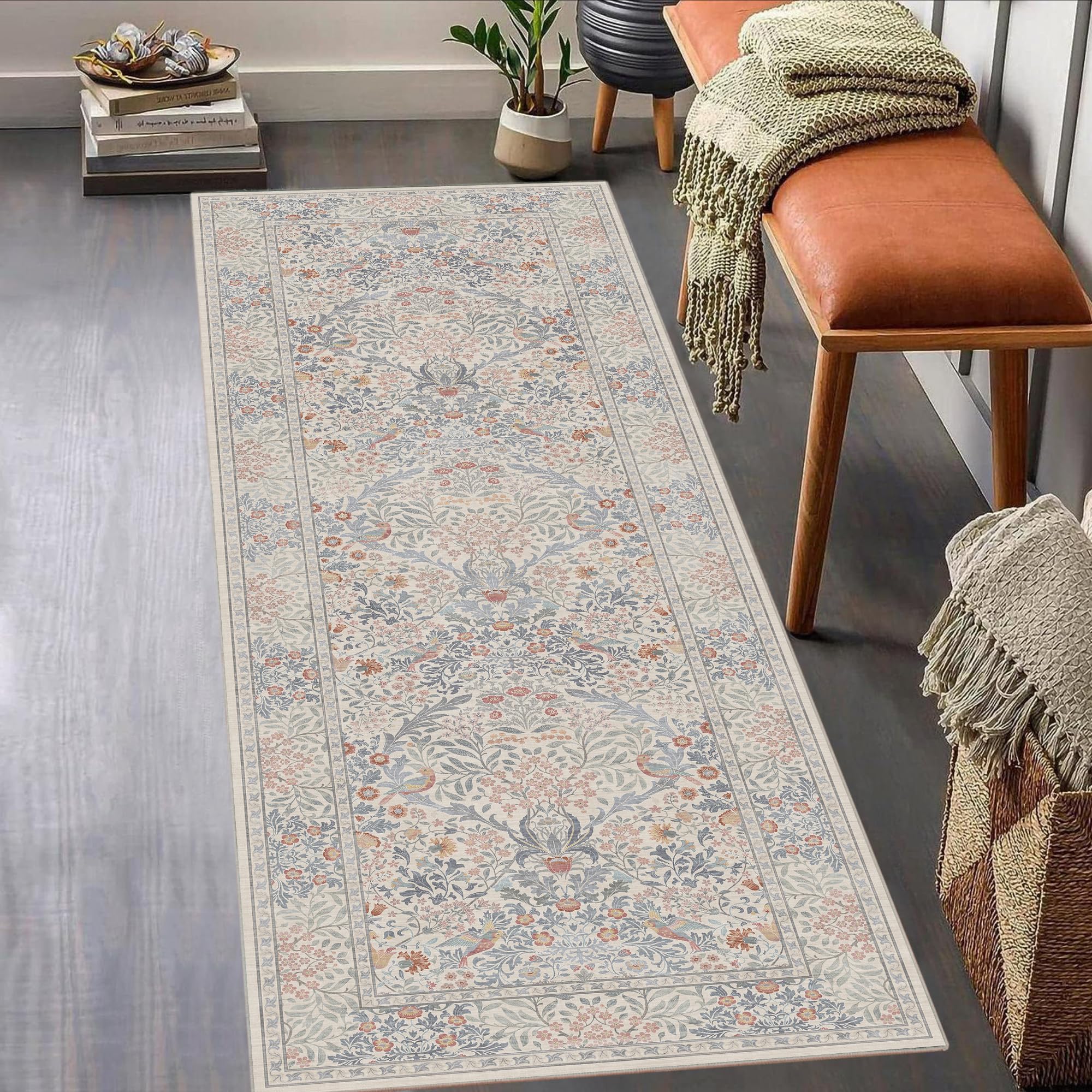 Photo 1 of *Factory Sealed*
2x6 Floral Washable Area Rugs for Living Room, Vintage Boho Large Rug for Bedroom Dining Room? Distressed Botanical Birds Non Slip Low Pile Forest Animal Throw Carpet for Farmhouse Office, Beige Blue