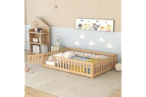 Bellemave Full Size Floor Bed with Fence for Kids,Wood Floor Bed Frame with Door,Removable Slats and Safety Guardrails,Montessori Floor Bed for Girls Boys(Full,Natural)