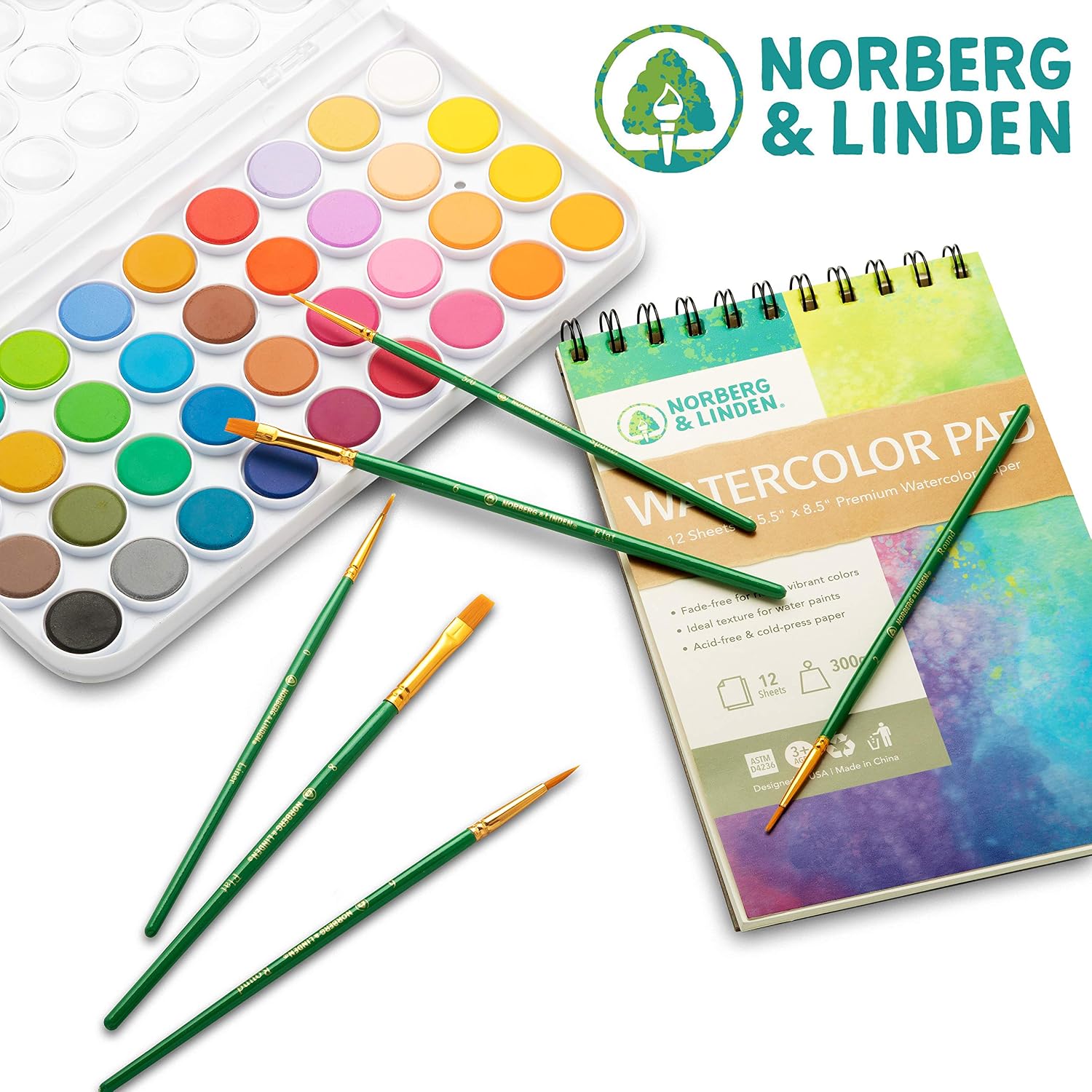 Norberg & Linden Watercolor Paint Set, 36 Premium Paints, 12 Page Pad, 6 Brushes, Painting Supplies with Palette, Watercolors - Image 3