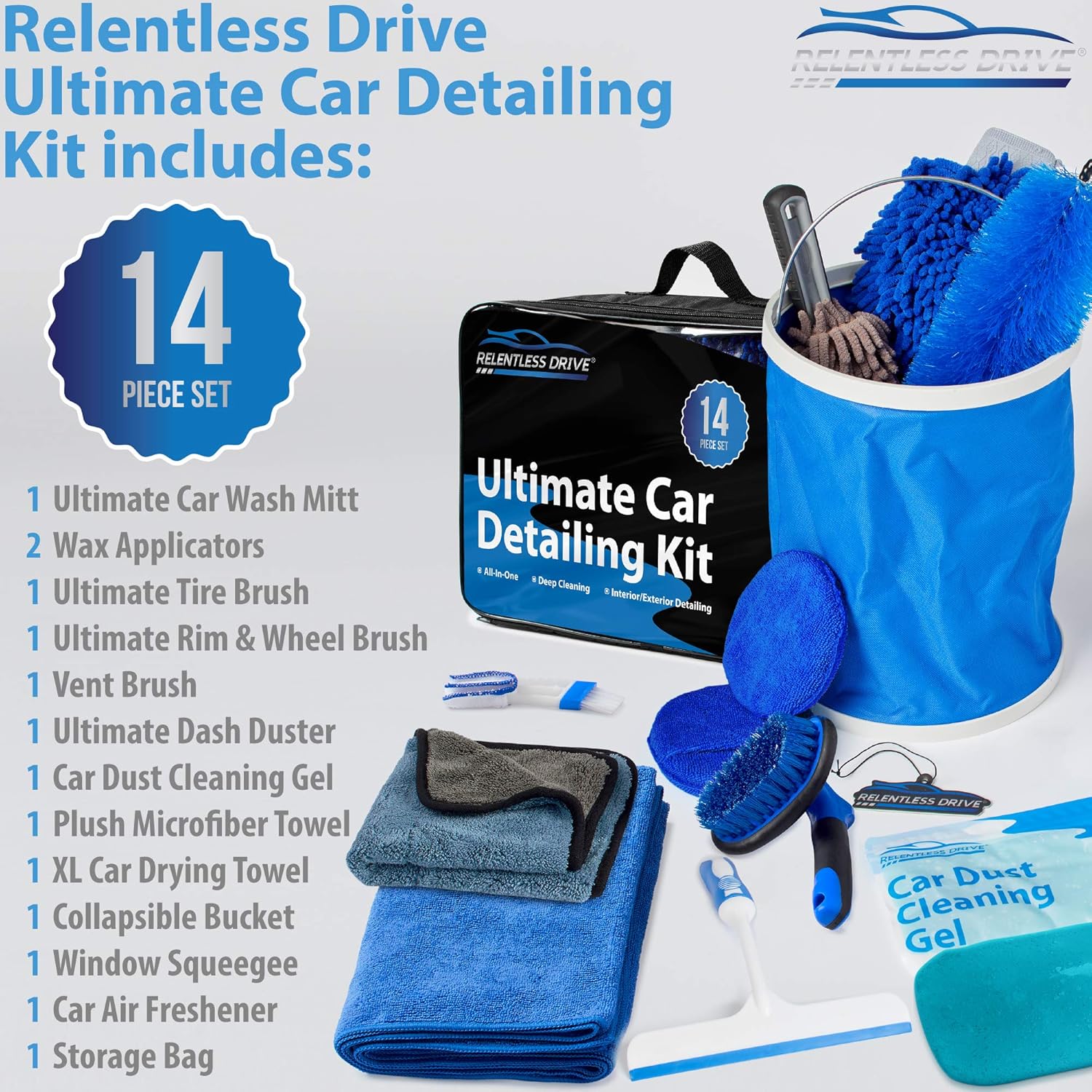 Relentless Drive Car Wash Kit, 14 Pcs Car Cleaning Kit for Exterior Car Cleaner & Car Interior Cleaner, The Ultimate Car Detailing Kit Designed to Last & Safe for All Surfaces: Automotive
