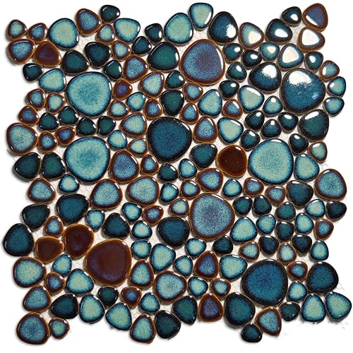 Hominter Artisan Pebble Mosaic Tile Sheet Irregular Blue Green Stone 