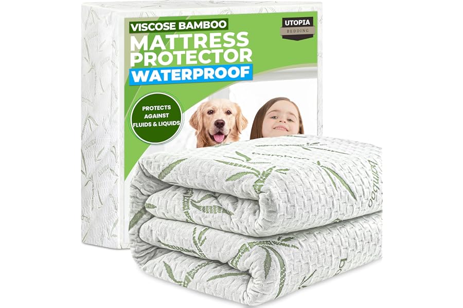 Utopia Bedding Waterproof Mattress Protector Queen Size, Bamboo Viscose Mattress Cover 200 GSM, Fits 17 Inches Deep, Breathab
