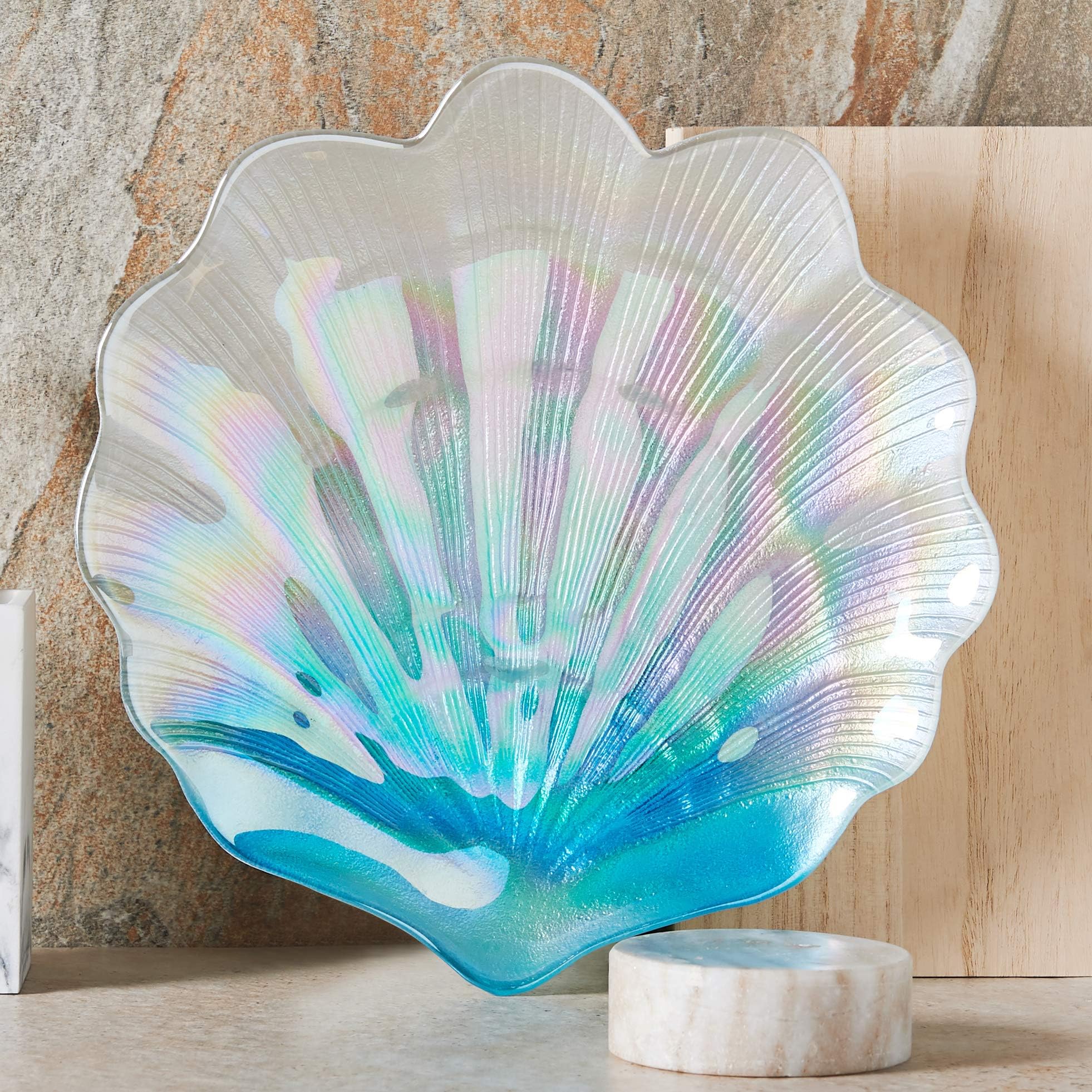 MIYA LIFE Shell Dish 12inch Blue Glass Plates in Ocean Color Jewelry Tray Great Dessert Appetizer Wedding Plates Summer Party Plates Chip Fruit Salad Cake Dishes