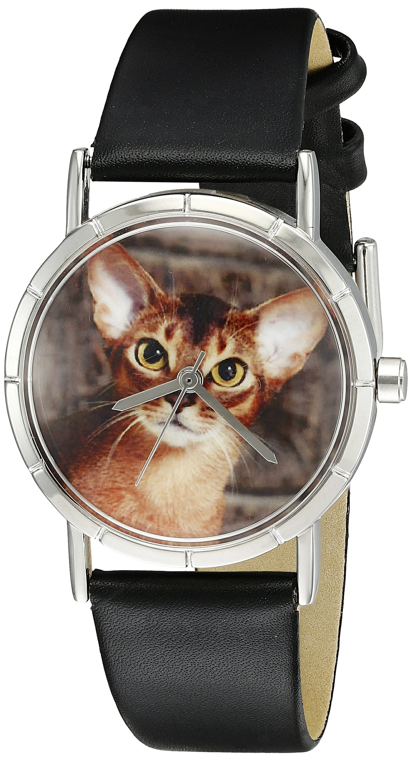 Whimsical Watches Abyssinian Cat Black Leather and Silvertone Photo Unisex Quartz Watch with White Dial Analogue Display and Multicolour Leather Strap R-0120033