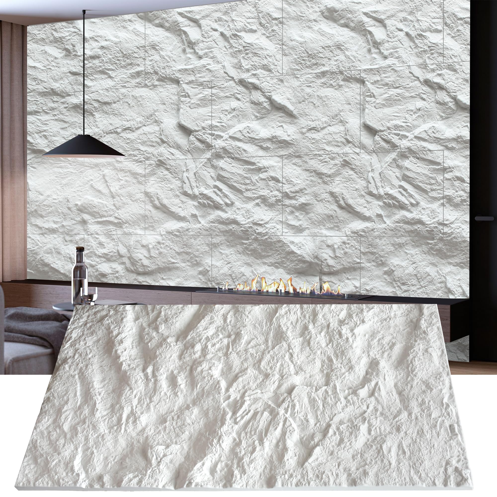 Photo 1 of KASARO 3D Faux Stone Wall Panels, 4 PCS PU Wainscoting Panel for Interior Wall Decor, Cement Texture Thicker Accent for Home, Office, 43.3 × 23.6 inch, White