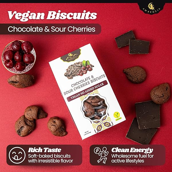 AMBROZIA VEGAN SNACK BISCUITS – CHOCOLATE & SOUR CHERRY – SOFT BAKED, NO ADDED SUGAR, CLEAN LABEL, HIGH FIBER & WHOLESOME INGREDIENTS, KID-FRIENDLY, HEALTHY SNACKS FOR ACTIVE LIFESTYLES, 4 X 4.58 OZ