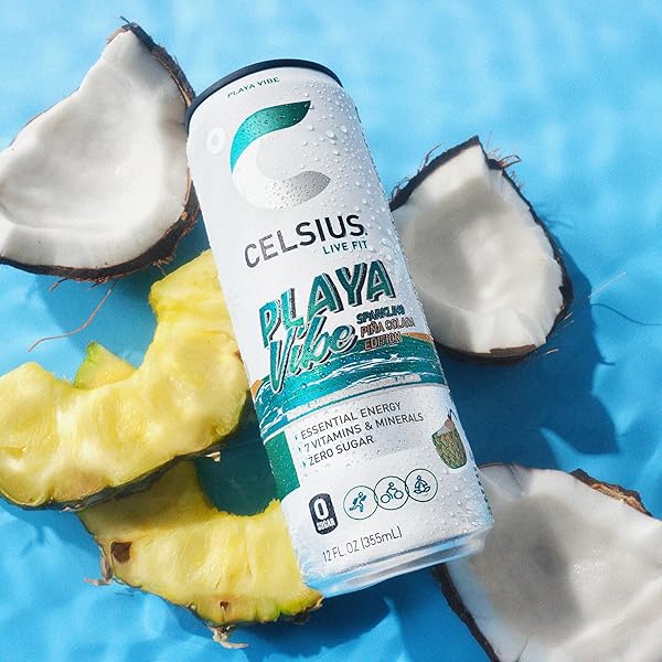 CELSIUS PLAYA VIBE SPARKLING PINA COLADA, SUGAR FREE ENERGY DRINK, 12 FL OZ (PACK OF 12)