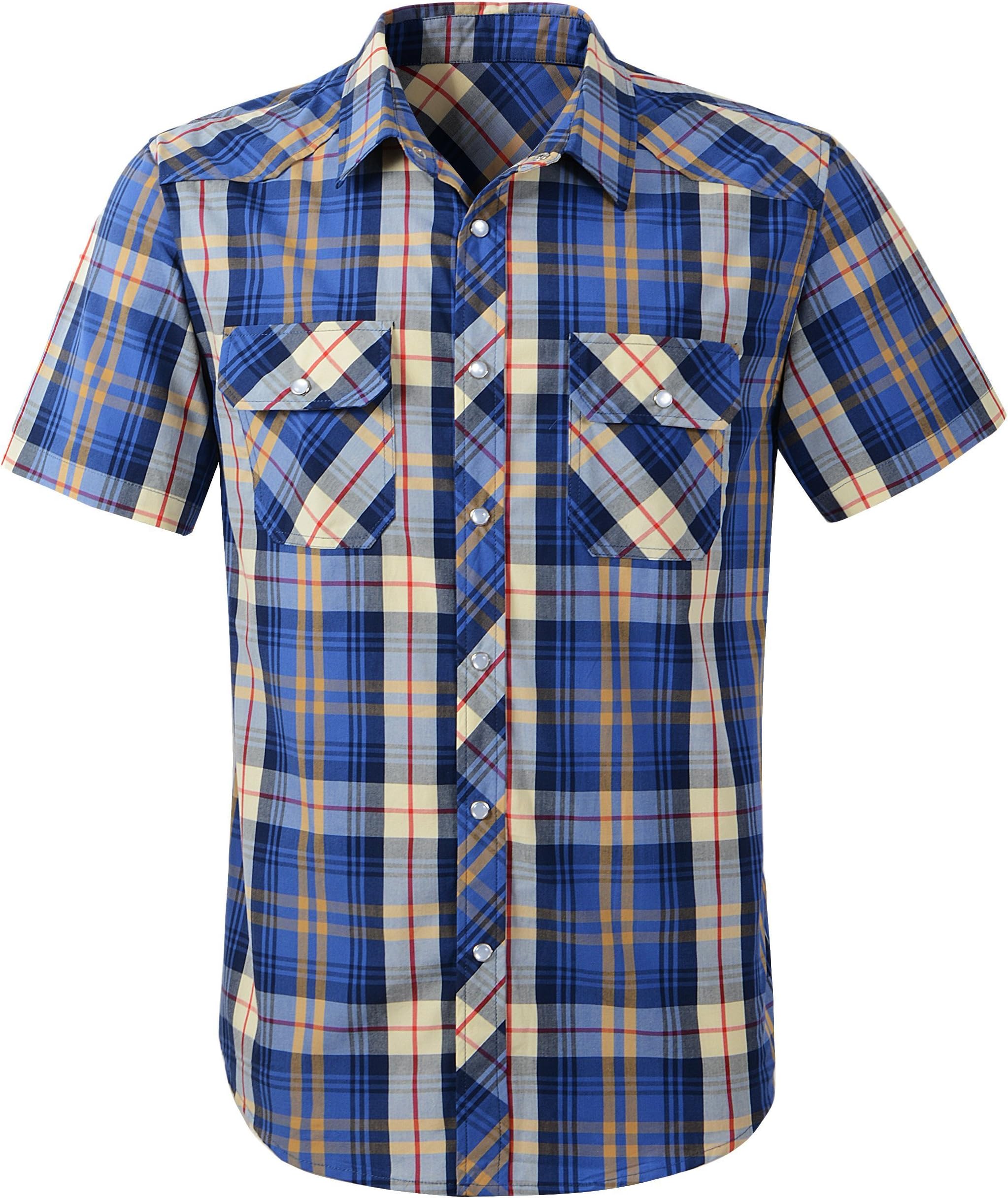 Hopioneer Men’s Casual Flap Pockets Regular Fit Shirt 100% Cotton Short Sleeve Plaid Button up Shirt (XX-Large, Blue)