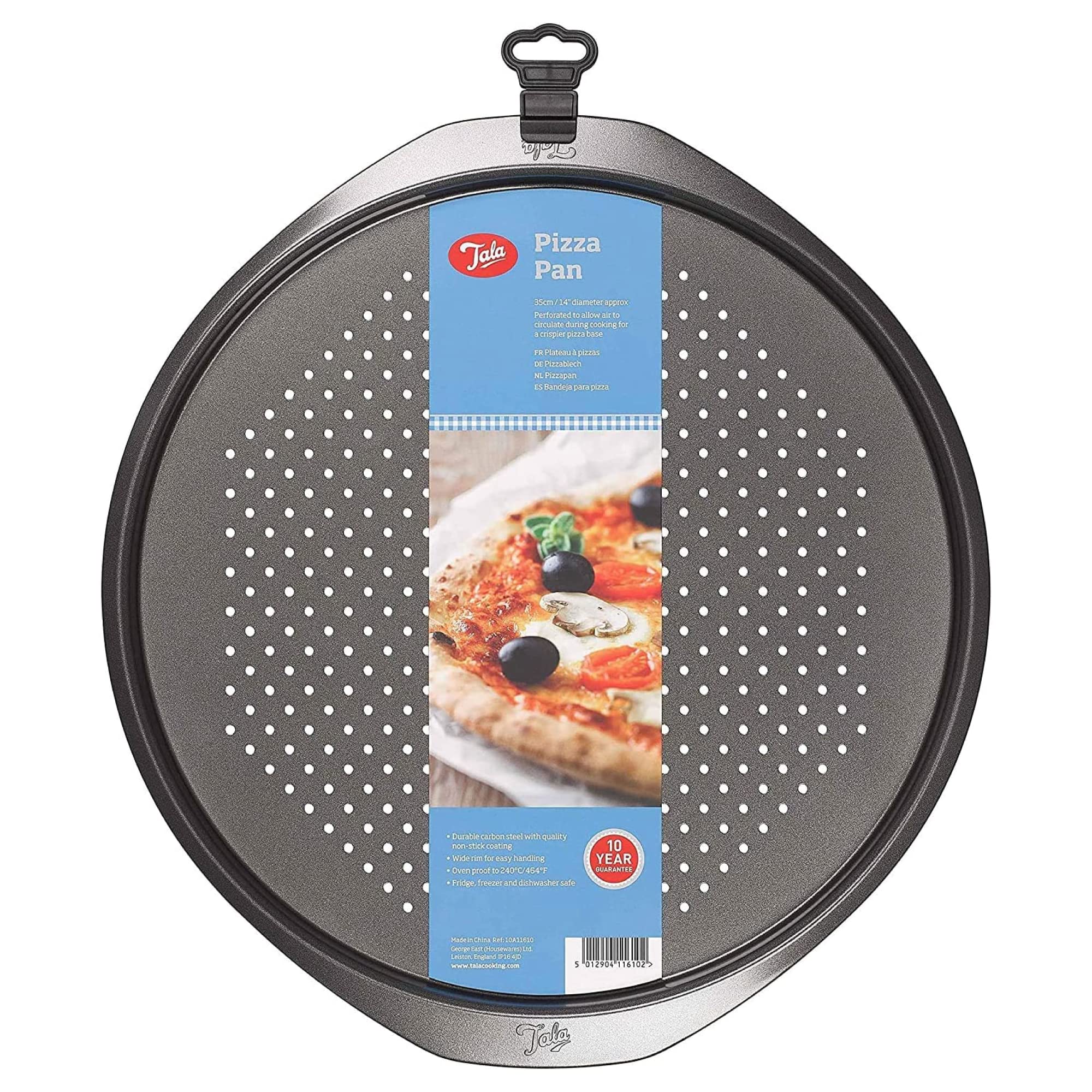 Tala Round Pizza Tray 14 Inch - Pizza Pan Baking Sheet Ideal for Making Large Pizzas - Carbon Pizza Steel Oven Trays Non Stick, Wide Flat Handles, Dishwasher and Freezer Safe - 35cm x 35cm / 14"