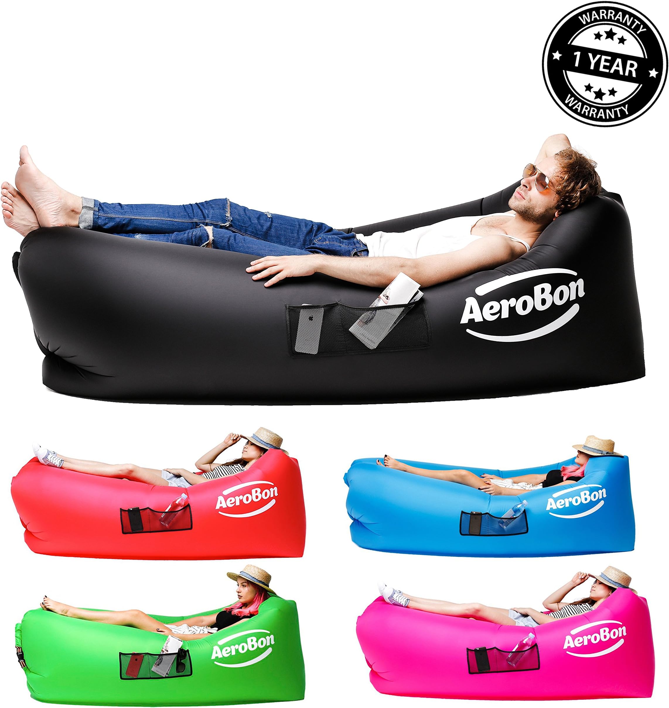 New Premium Sun Lounger – Outdoor Inflatables lounger - Gets Inflated and Holds Air 40% Better Than Analogues Due to the Single Inlet (Black)