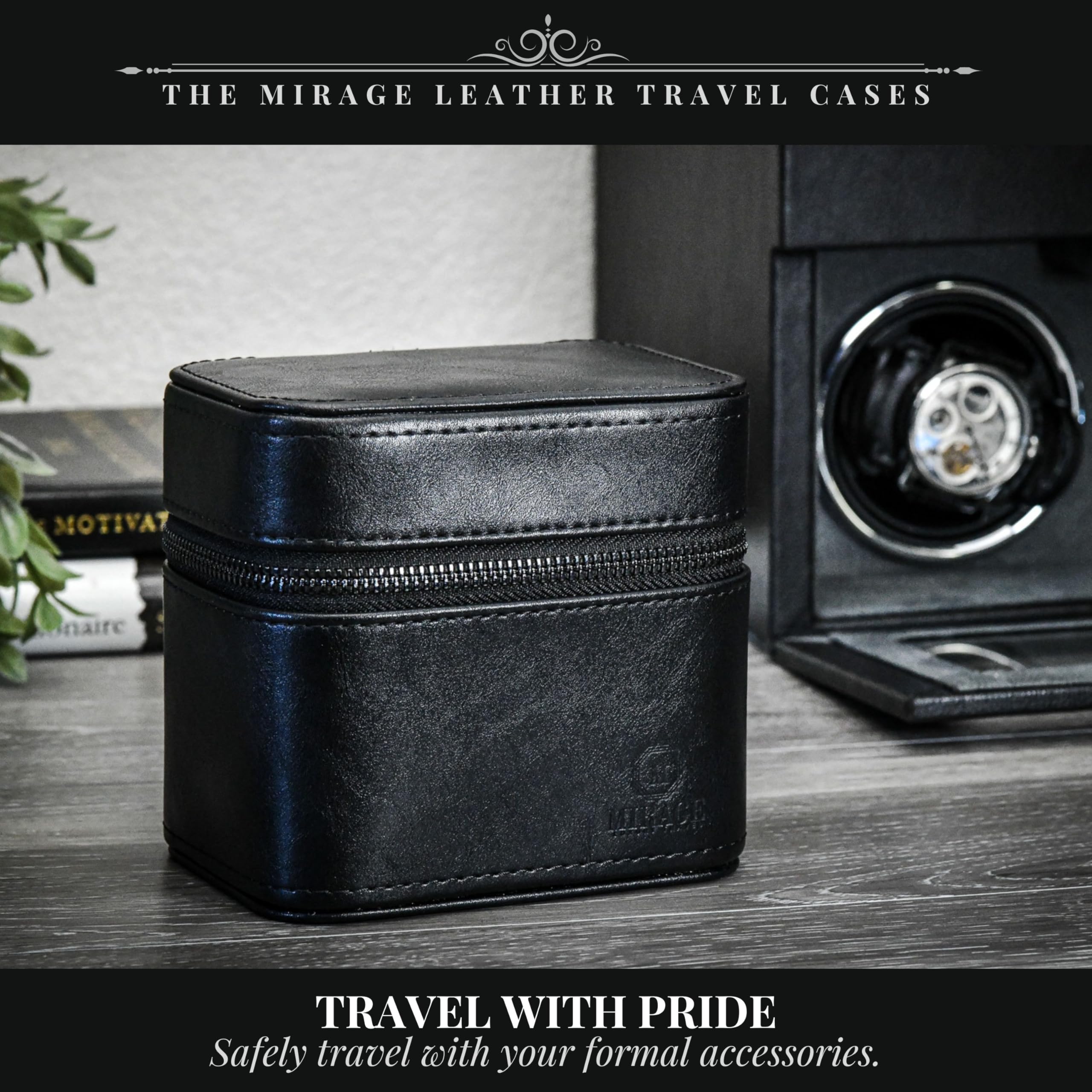 Leather Travel Watch Jewelry Case for Men – Watch Band, Cufflinks Storage Box for Travel - Obsidian Black Swiss-Motif Genuine Leather