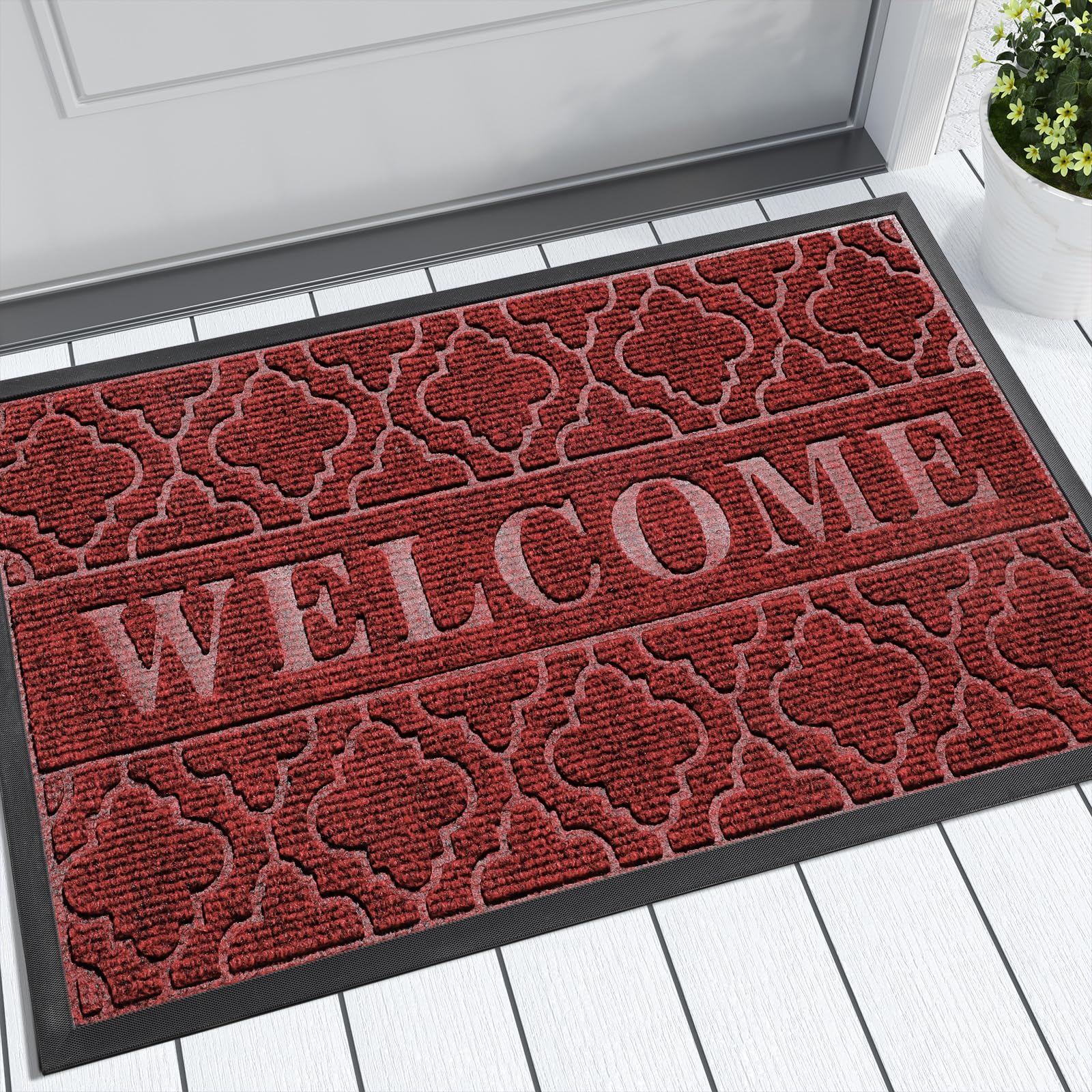 Photo 1 of Yimobra Welcome Mat Outdoor Indoor 29.5x17, All-Weather Waterproof Front Door Mat Outside Entrance, Non-Slip Low Profile Porch Patio Doormat, Red