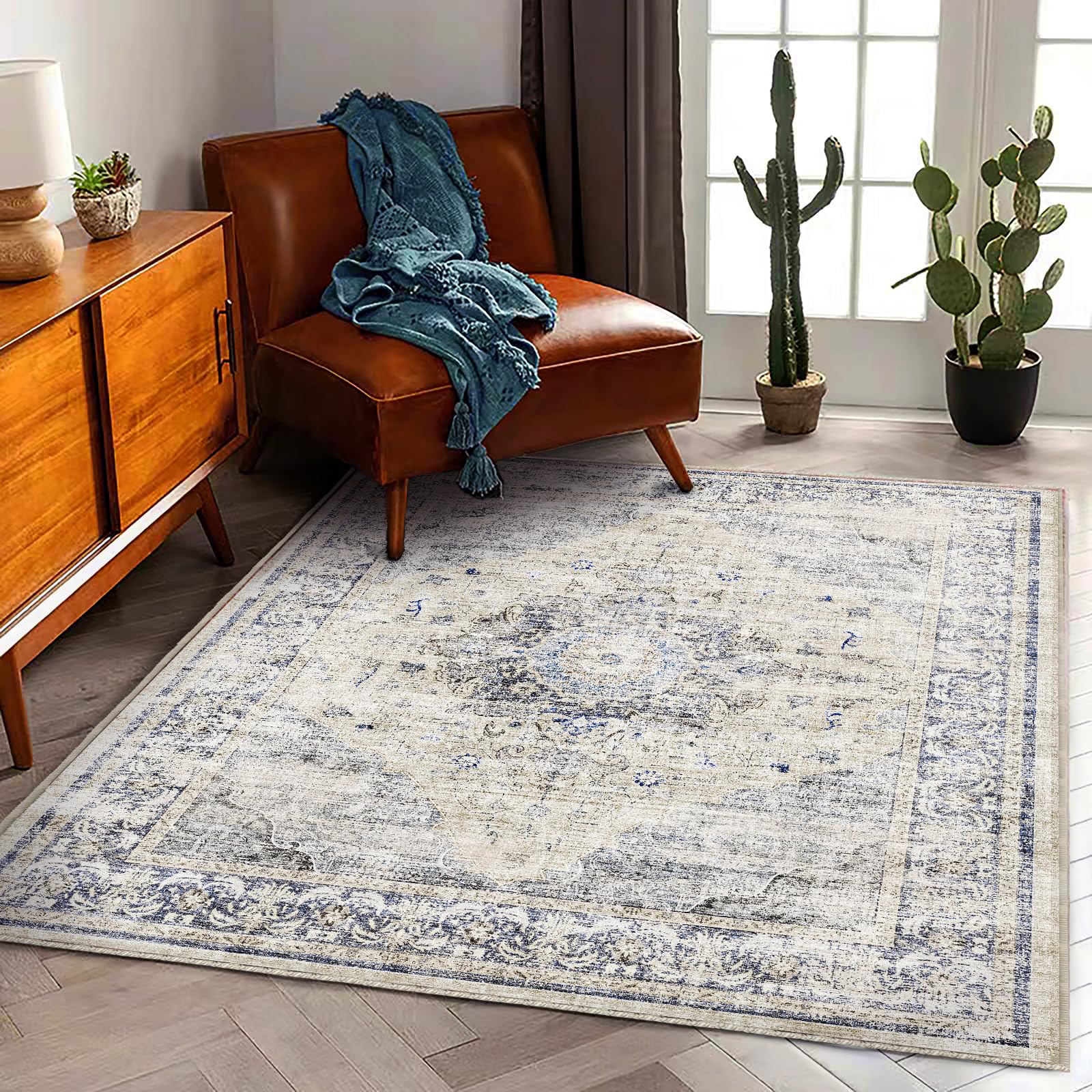 CHAMPLANT Washable Area Rug 4'x6' Floral Blue Traditional Floor Cover Foldable Thin Rugs Retro Kitchen Indoor Distressed Non Slip Carpet Floral Print Mat Bedroom Living Room Image