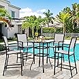 Vongrasig 5 Piece Patio high Bar Set, All Weather Metal Textilene Patio Dining Set High Bar Stools Chair of 4 and High Bar Glass Table, Outdoor High Top Bistro Set for Lawn Garden, Balcony, Gray