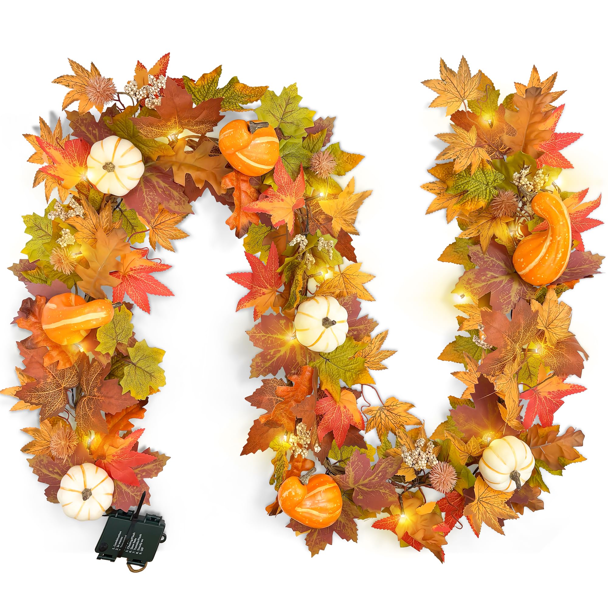 Photo 1 of 6ft Pumpkin Maple Leaf & Berries Fall Garland with Light String - Fall Decor for Home, Mantle, Fireplace, Thanksgiving & Halloween Autumn Decorations
