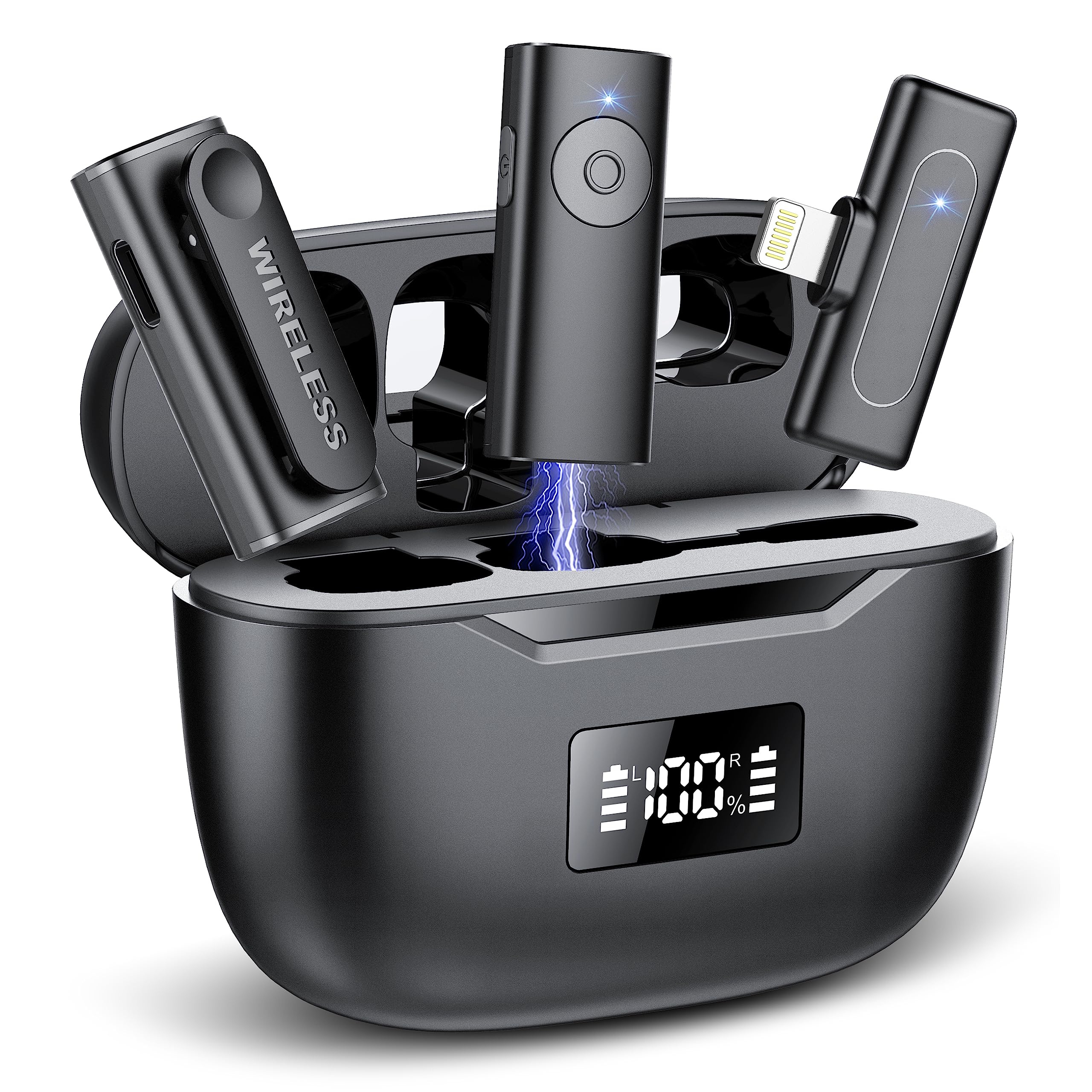 Photo 1 of 2 Pack Wireless Lavalier Microphone for iOS Phone/Pad, Lapel Clip-on Noise Cancelling Lapel Mic, Cordless Omnidirectional Condenser Recording Mic with LED Display for Recording Youtube Vlogger