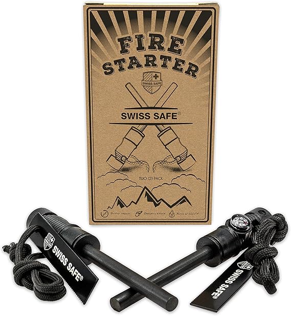 Swiss Safe Fire Starter with magnesium rod, compass, whistle, and 450 lb 8-core paracord