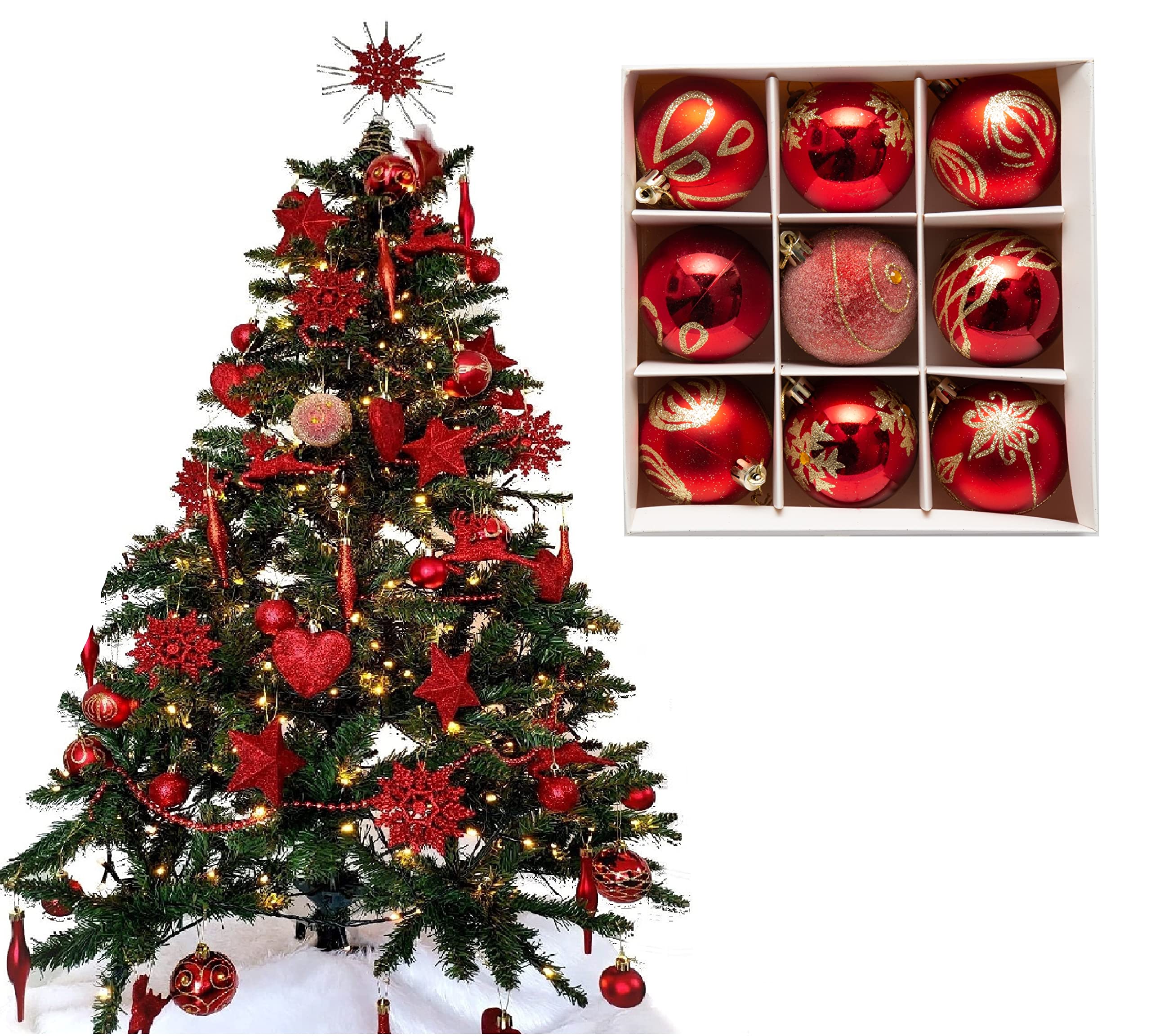 9pc Luxury Premium Baubles, Christmas Tree Bauble Decorations Matte, Glitter, shiny & Frosted (6cm) (Red)