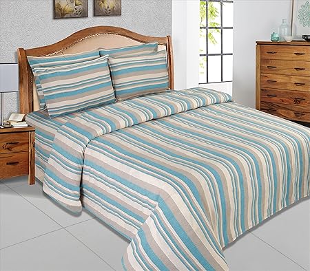 Cloth Fusion Tarana Handloom Striped 300 TC Cotton Bed Cover with 1 Pillow Cover - (Single, Sky Blue)