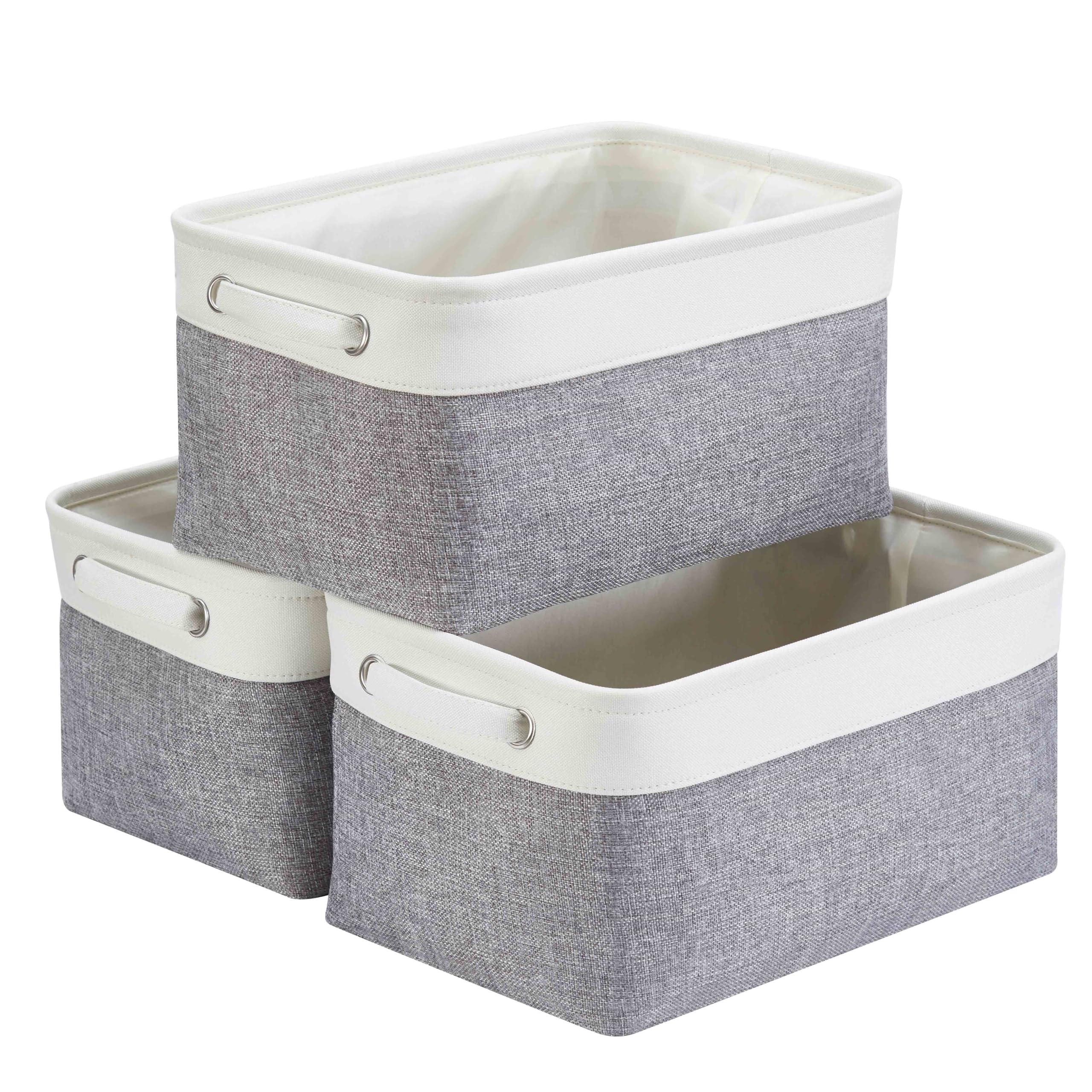 Mangata Canvas Storage Box 3 Pack, Fabric Storage Basket with Handles for Cupboards, Shelves, Clothes, Toys (Medium, Foldable, Grey White)