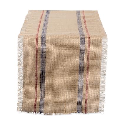 DII Natural Jute Burlap Table Runner for Dining Room, Foyer Table, Spring Parties and Everyday Use - 14x108, French Blue and Barn Red Double Border