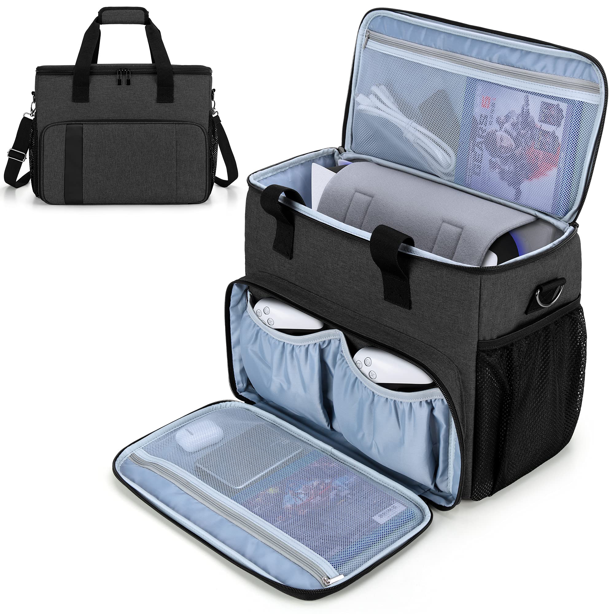CURMIO Tragetasche für PS5, PS4, PS4 Pro, Xbox Series S, Xbox One and Xbox 360, Tragebare Aufbewahrungstasche für PlayStation Konsole, PS5 Reisetasche für Controller, Kabel (Leere Tasche), Schwarz 8