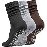 Acomono Women’s Pilates Socks with Grips – 3 Pairs Scrunch Crew Non-Slip Yoga Barre Workout Hospital Slipper Slouch Socks