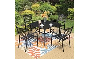 PHI VILLA 5 Piece Metal Patio Dining Set, Outdoor Furniture Set with 4 Stackable Chairs and 37" Square Dining Table - Umbrella Hole 1.57"