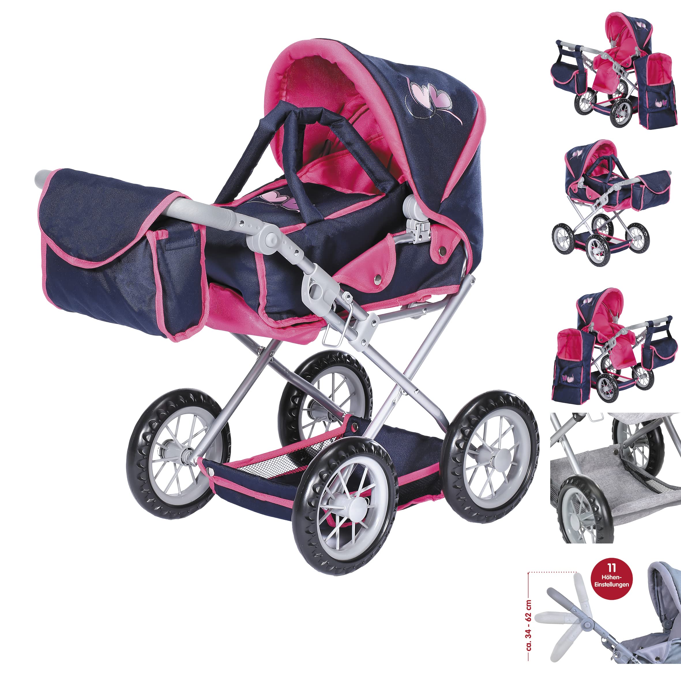 Knorrtoys 63133 Doll's Pram Ruby Flying Hearts Blue Pink