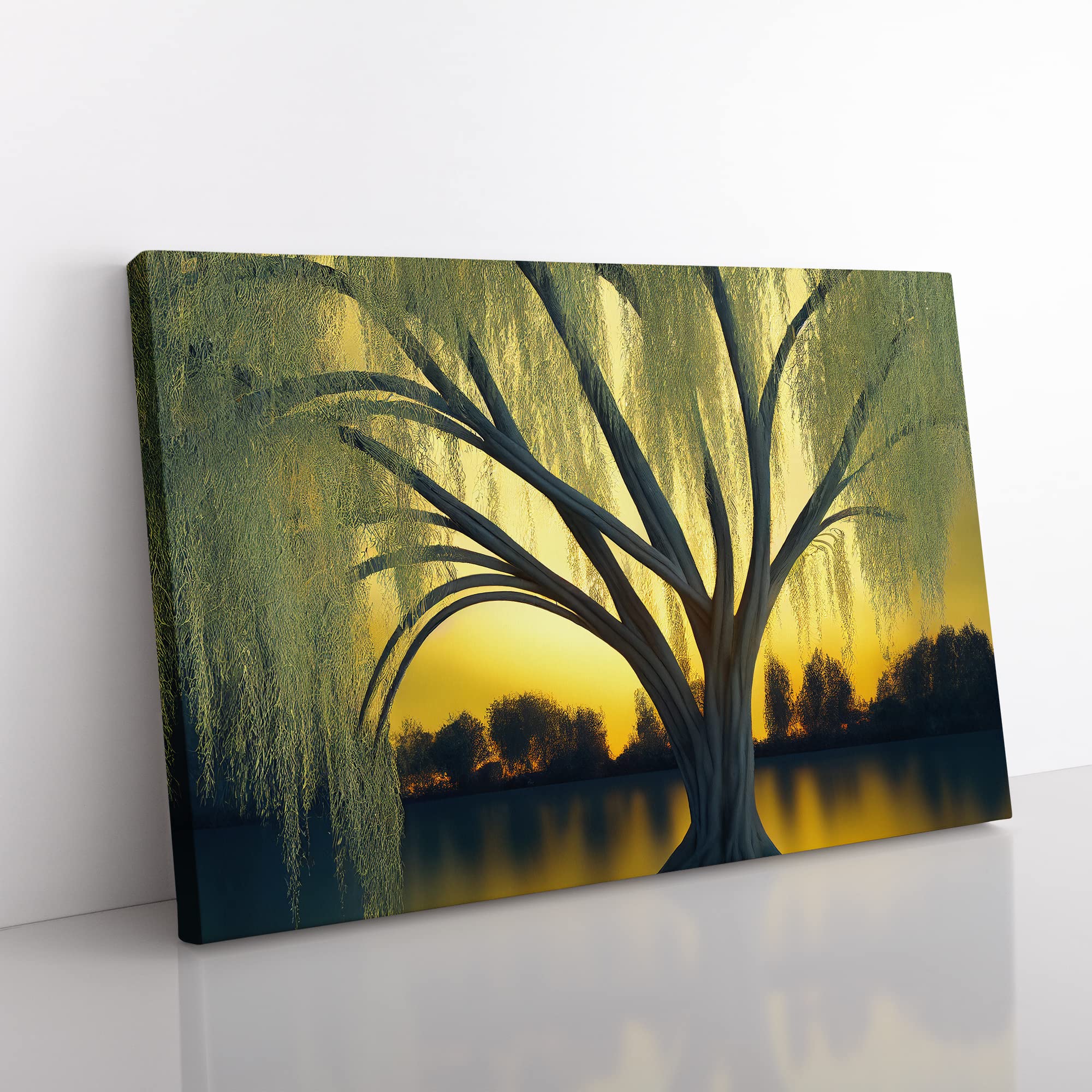 Dramatic Weeping Willow Tree Canvas Wall Art Print Ready to Hang, Framed Picture for Living Room Bedroom Home Office Décor, 50x35 cm (20x14 Inch)
