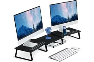 Yuhfera Wood Monitor Stand Riser with Drawer - Large Monitor Riser for 2 Monitors, Multi-Purpose Desk Risers for Monitors, Enhances Ergonomics and Efficiency for Laptop and Desktop Monitors (Black)
