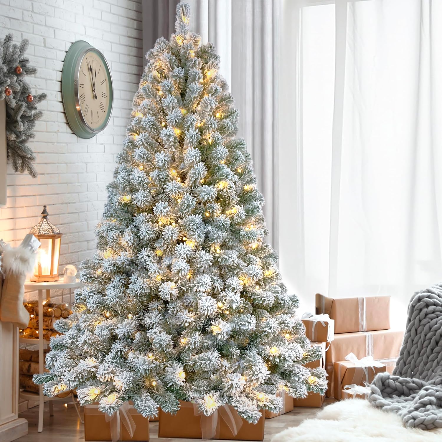 Trees - Assilyraft 6ft Pre-lit Flocked Elwood Pine Christmas Tree with 300 Radiant Warm White LED Lights - Captivating Realism and Enchanting Holiday Aura