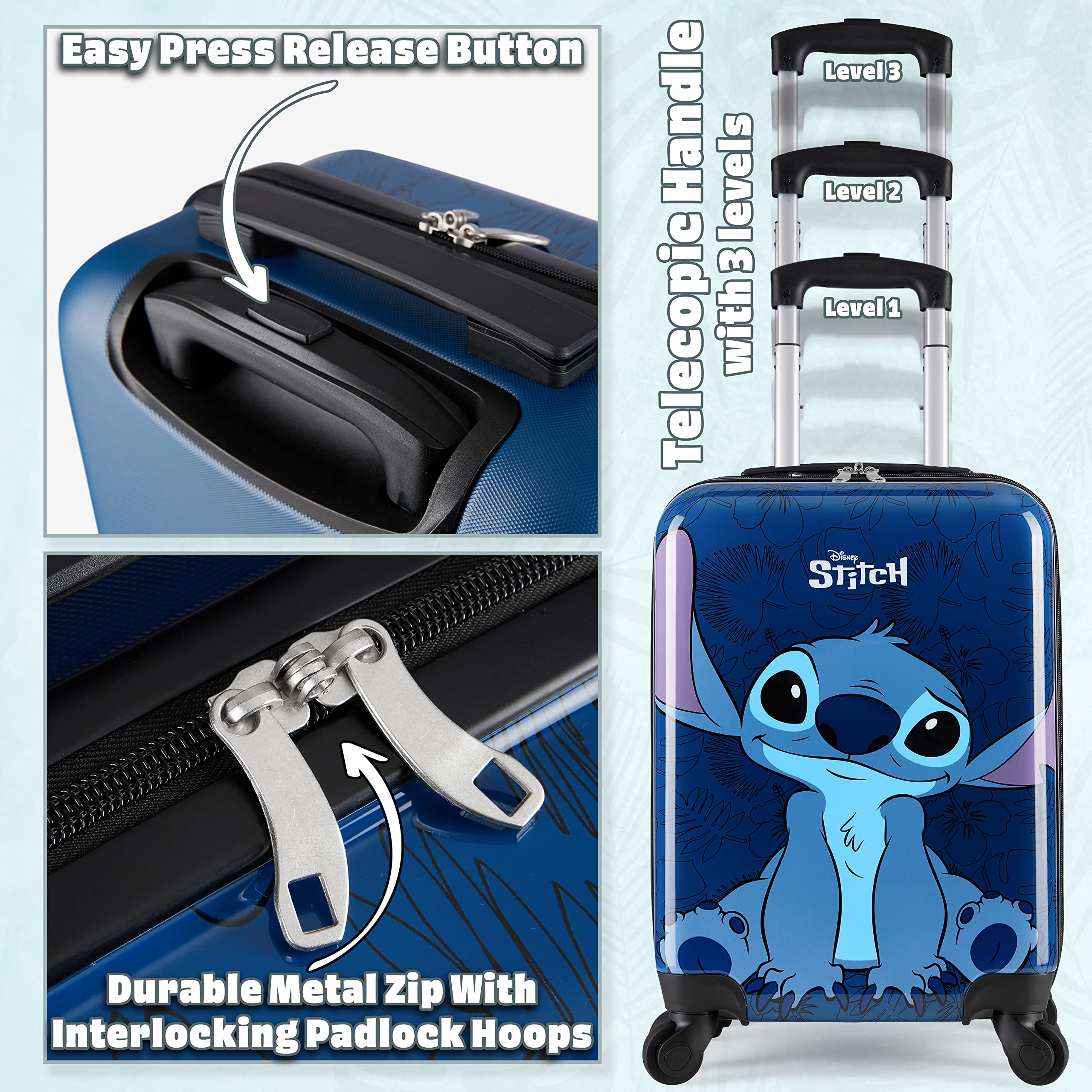 Disney Stitch Suitcase Set or Individual, Hard Shell Suitcase with Wheels 28L, 50L or 91L, 4 Wheels (Navy Stitch Small)
