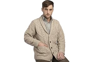 Aran Crafts Men's Irish Cable Knitted Cardigan Sweater (100% Merino Wool)