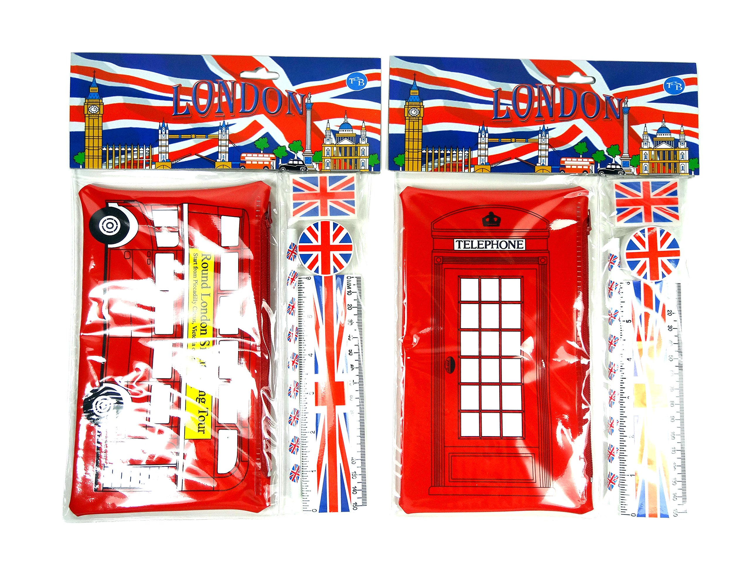 School Kits and Pencil Cases - London Red Bus and Telephone Pencil Cases and Union Jack Accessories (Pack of 2 Sets, One of Each)