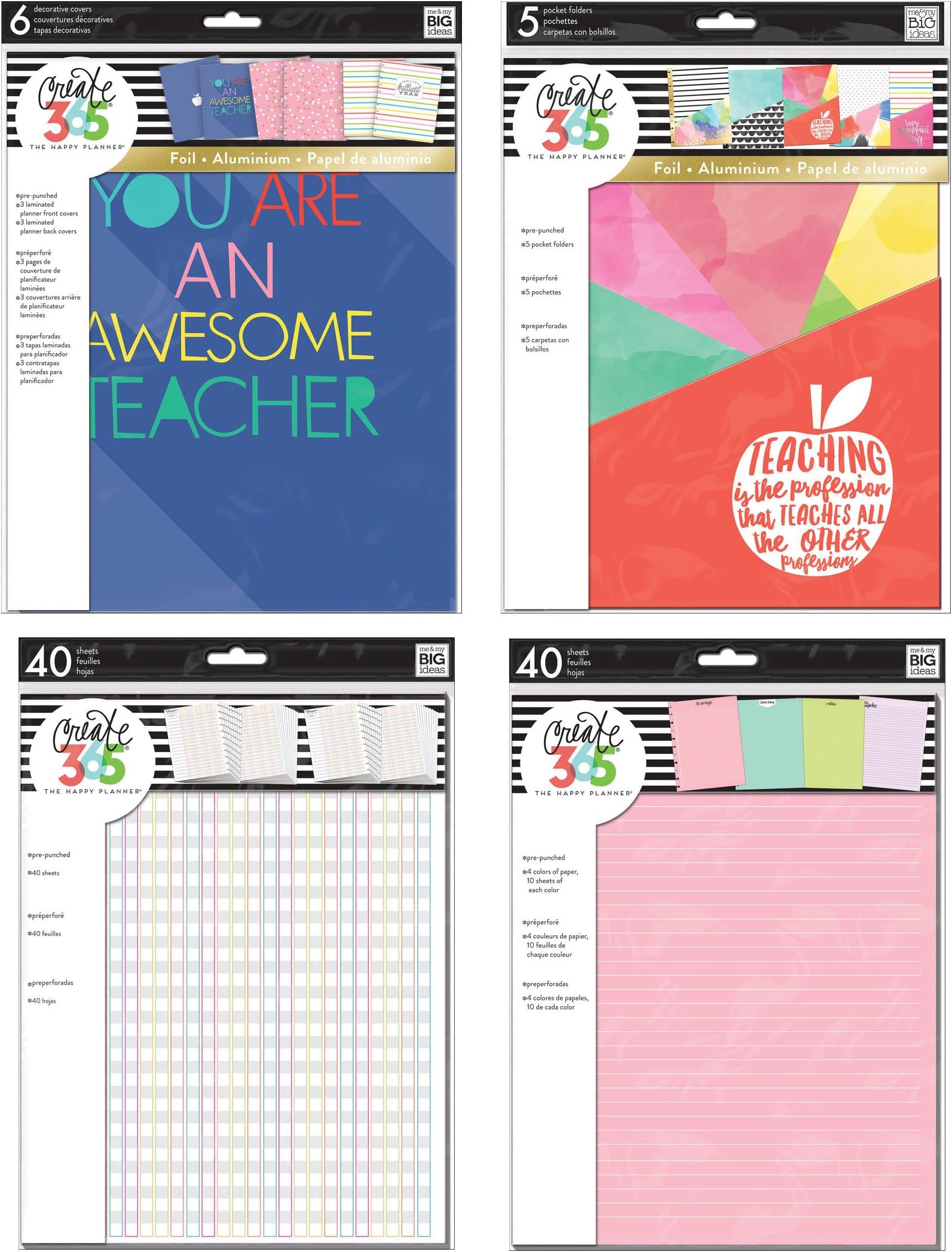 Big Happy Planner Teacher 2017 Accessories - Decorative Covers, Pocket Folders, Teacher Checklists and Color Filler Pages - 4 Item MAMBI Bundle