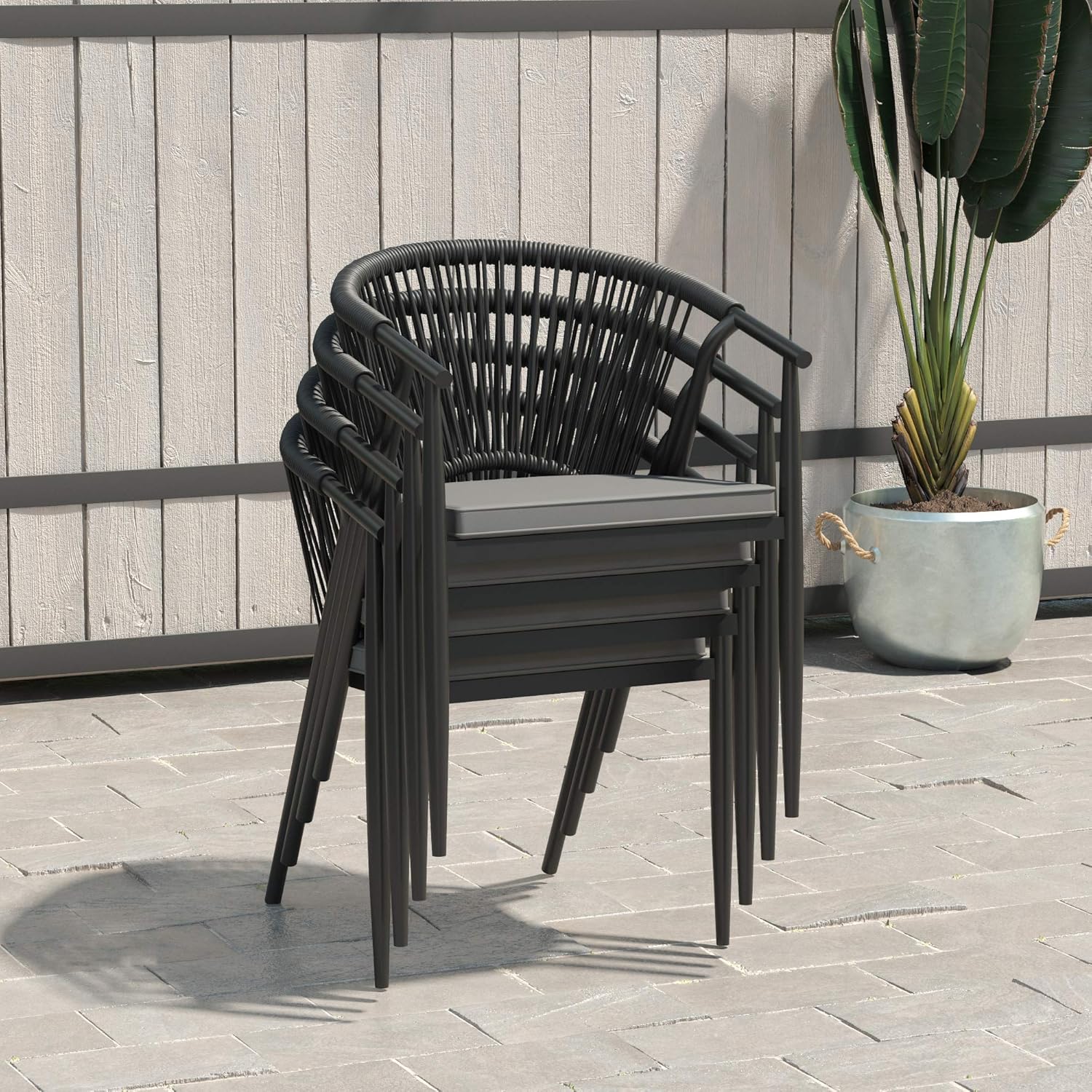 CosmoLiving by Cosmopolitan 88288BGYE, Circi Collection, Stacking Rope Weave, 4-Pack, Black and Charcoal Dining Chairs : Garden & Outdoor