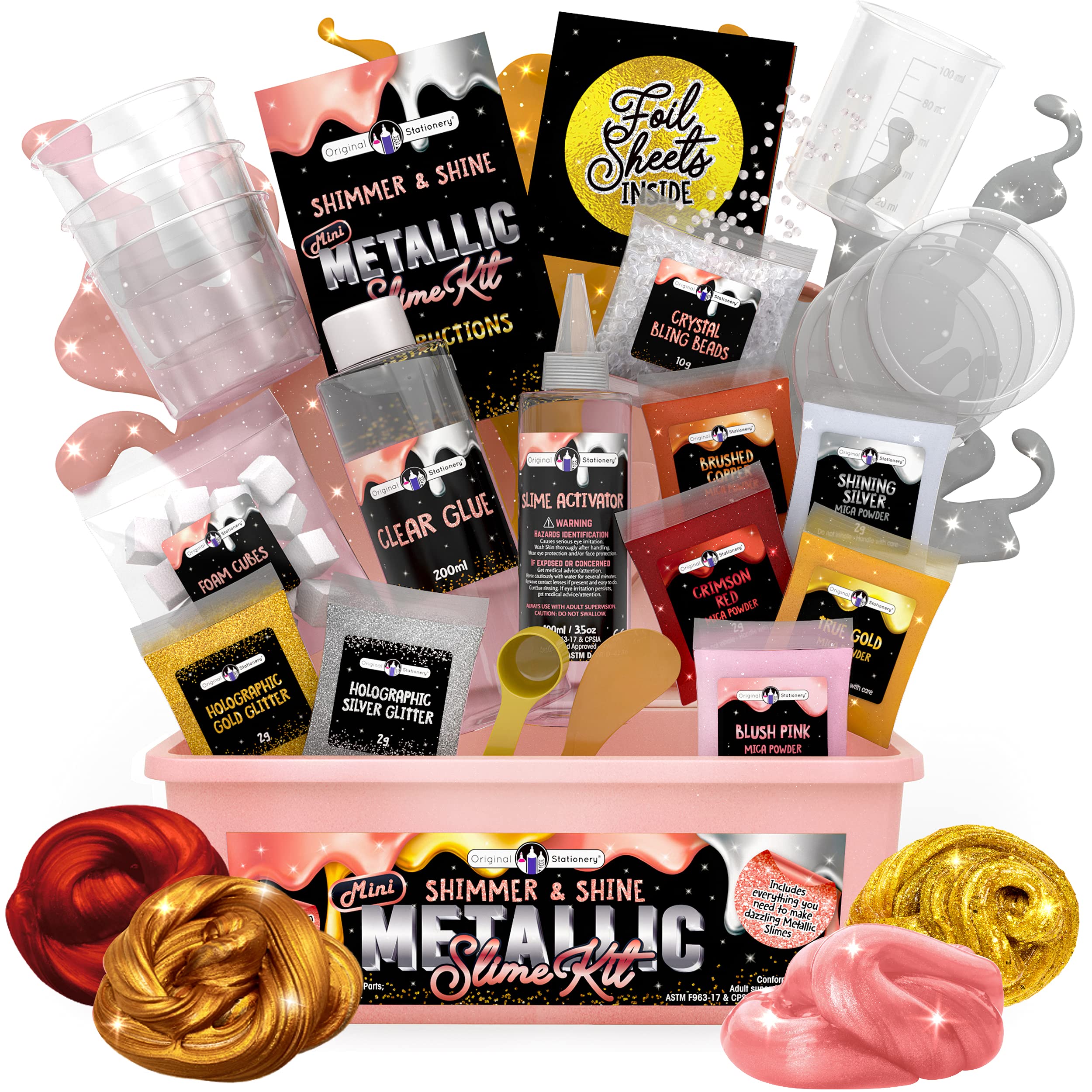 Original Stationery Mini Metallic Shimmer and Shine Slime Kit for Girls, Amazing Slime Making Kit for Girls Age 10-12 to Create Metallic Gold Slime