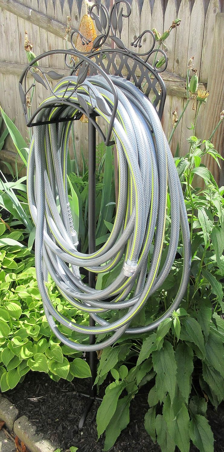 outdoor hose holder on Reels Magoos Metal Garden Hose Holder Black Stakes In Ground Patio Lawn Garden