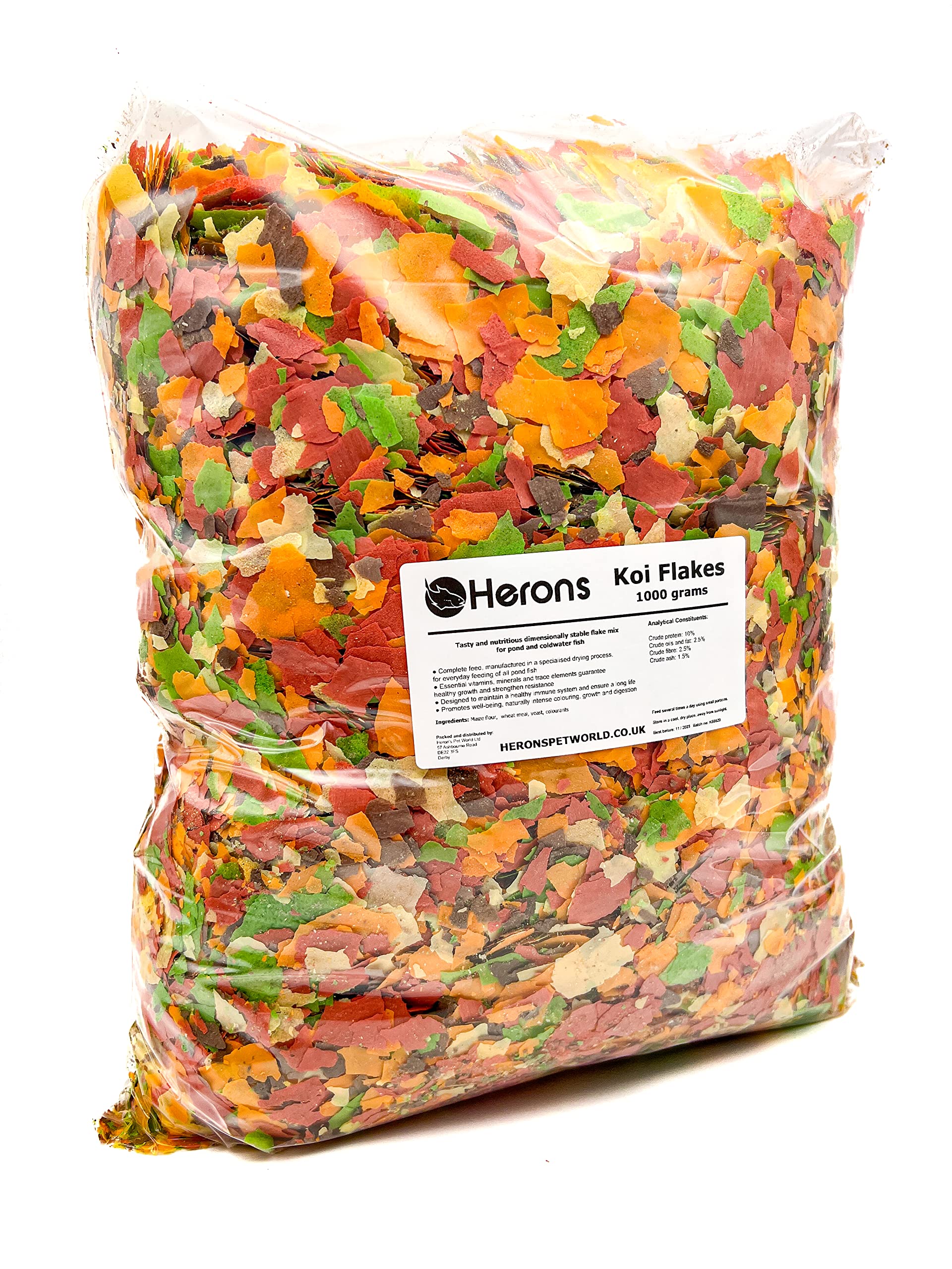 HERONS - Koi Flakes 1kg - 10L - Complete Feed for Koi, Carp and Other Pond and Coldwater Fish, With Essential Vitamins, Minerals and Trace Elements, Promotes Healthy Immune System