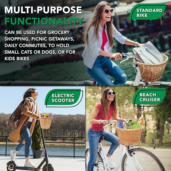 PROSOURCE WICKER BIKE BASKET FRONT CARGO FOR WOMEN AND MEN, FITS MOST BICYCLES, BEACH CRUISERS, STATIONARY EQUIPMENT, AND EBIKES, LIGHT BROWN