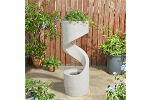 Glitzhome Decorative Tiered Outdoor Water Fountain with LED Light Vintage Curved Waterfall Fountain with Stone Planter Rustic Faux Terrazzo Spiral Shaped Fountains for Garden Patio Deck Porch, 40.25”H