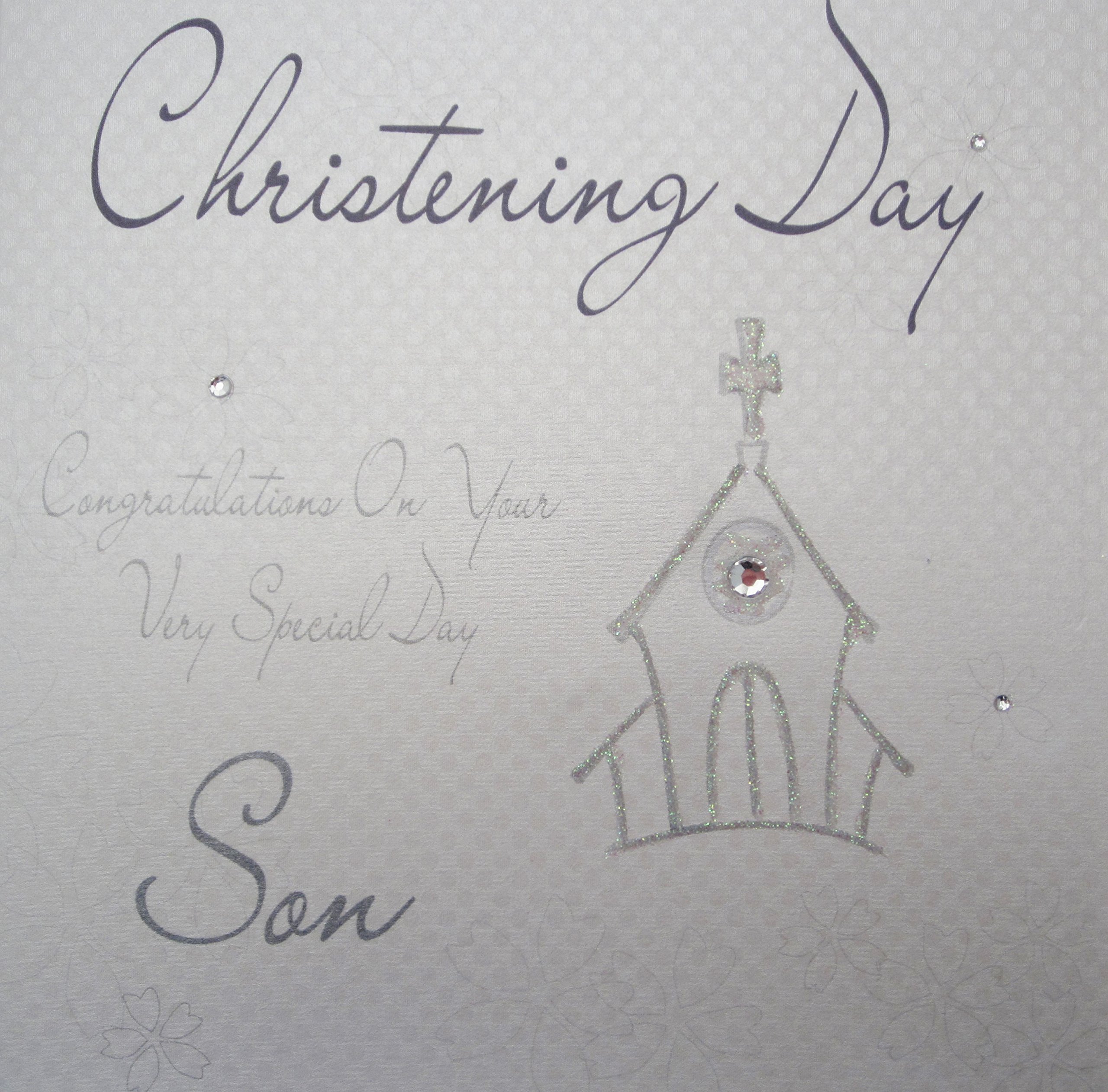 WHITE COTTON CARDS Day Son Congratulations, Handmade Christening Card (Silver Church)