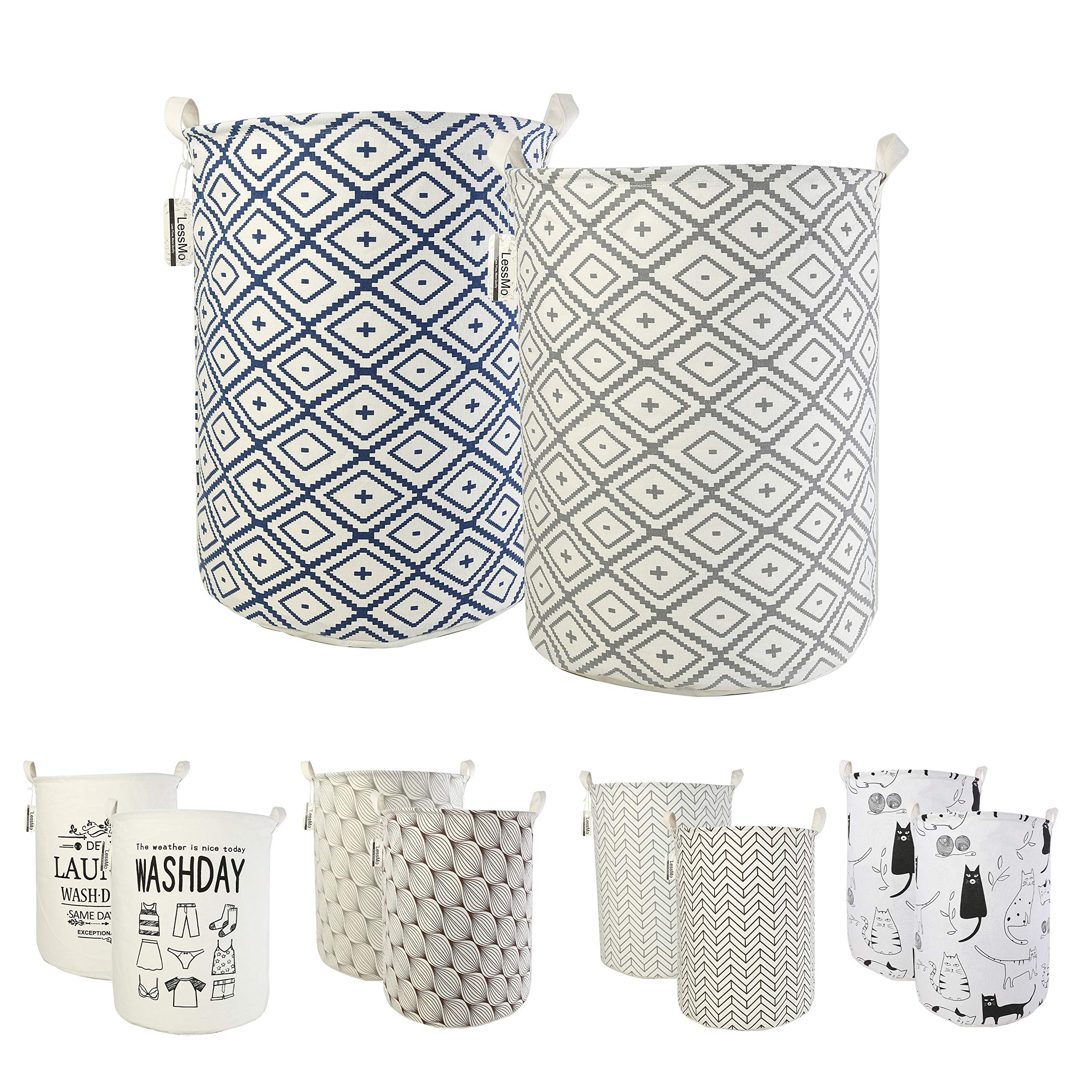 LessMo 2Pcs 19.7" Laundry Hamper, Collapsible Storage Basket With Easy Carry Handles, Waterproof Round Cotton Linen, for Baby Products, Toys, Bedroom Hamper