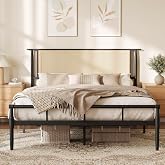 REVOMINCA Modern Queen Bed Frame with Rattan Headboard, Black | Metal Slat Support, 10.5-Inch Under-Bed Storage, Noise Free, No Box Spring Needed, Easy Assembly