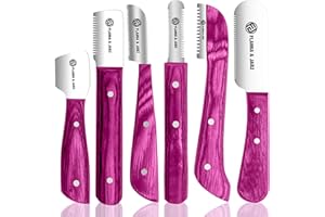 FLAMIA & JABZ FJ Professional Stripping Knife kit (6 pieces set) for Dogs & Pets, Wooden Handle Grip with Stainless Steel Blade (Right handed) (Pink)
