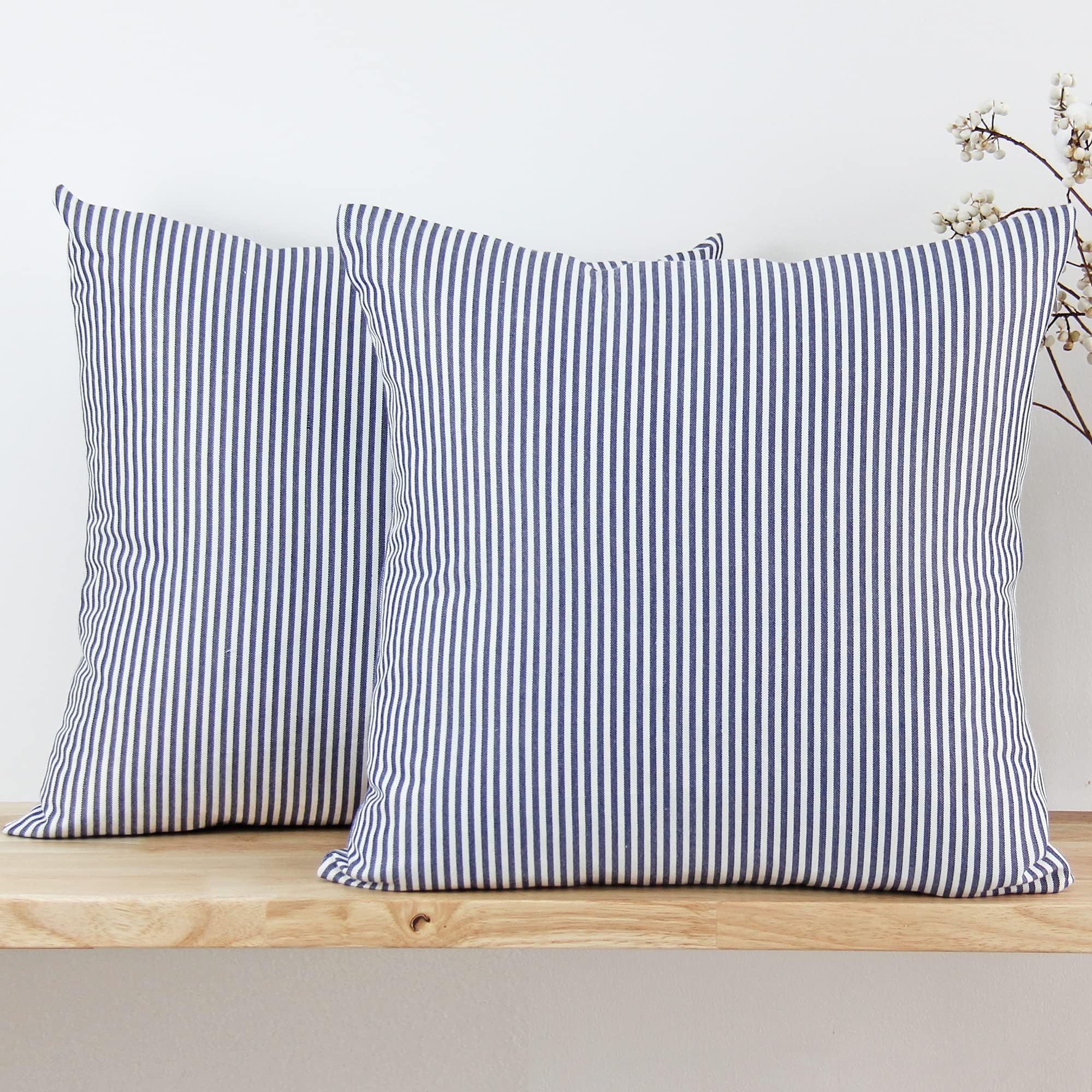 JOJUSIS Farmhouse Striped Throw Pillow Covers Decorative Ticking Couch Pillowcases 20 x 20 Inch Pack of 2 Navy
