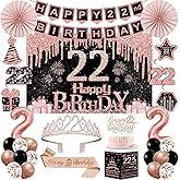 22nd Birthday Decorations for Girls,32PCS 22nd Birthday Party Decorations,Including Backdrop, Crown, Sash, banner, Hanging Swirl,balloons,Cake Topper,Paper Fans and Anniversary Card